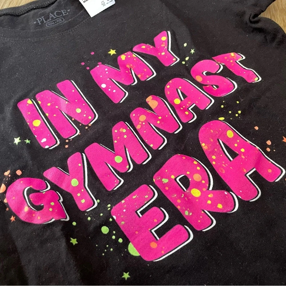 NEW The Children's Place Black Tee with Pink Gymnast Design